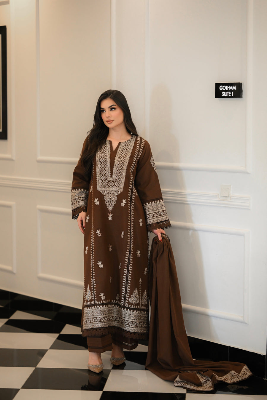 Faiza Faisal Afsana Embroidered Karandi Unstitched 3Pc Suit - KHAZAN