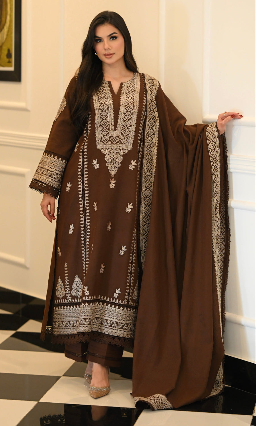 Faiza Faisal Afsana Embroidered Karandi Unstitched 3Pc Suit - KHAZAN