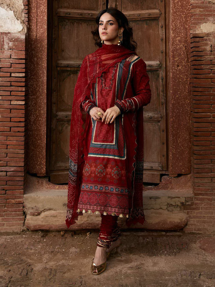 KAHF Aangan Embroidered Luxury Lawn Unstitched 3Pc Suit KPS-1A SURKH NOOR