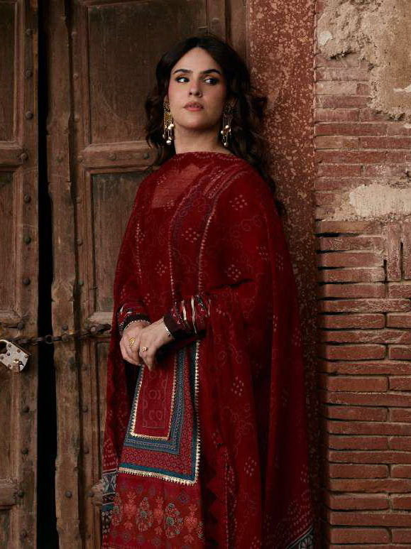 KAHF Aangan Embroidered Luxury Lawn Unstitched 3Pc Suit KPS-1A SURKH NOOR
