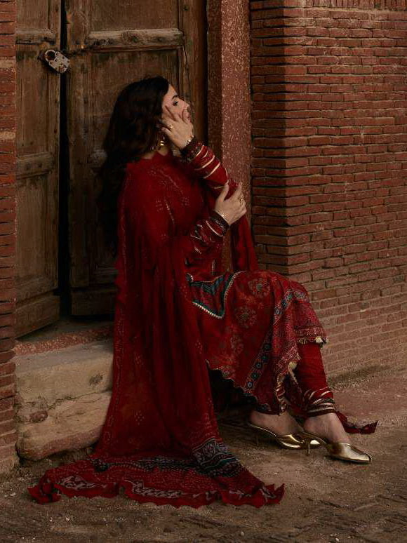 KAHF Aangan Embroidered Luxury Lawn Unstitched 3Pc Suit KPS-1A SURKH NOOR