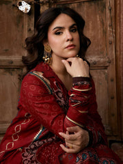 KAHF Aangan Embroidered Luxury Lawn Unstitched 3Pc Suit KPS-1A SURKH NOOR