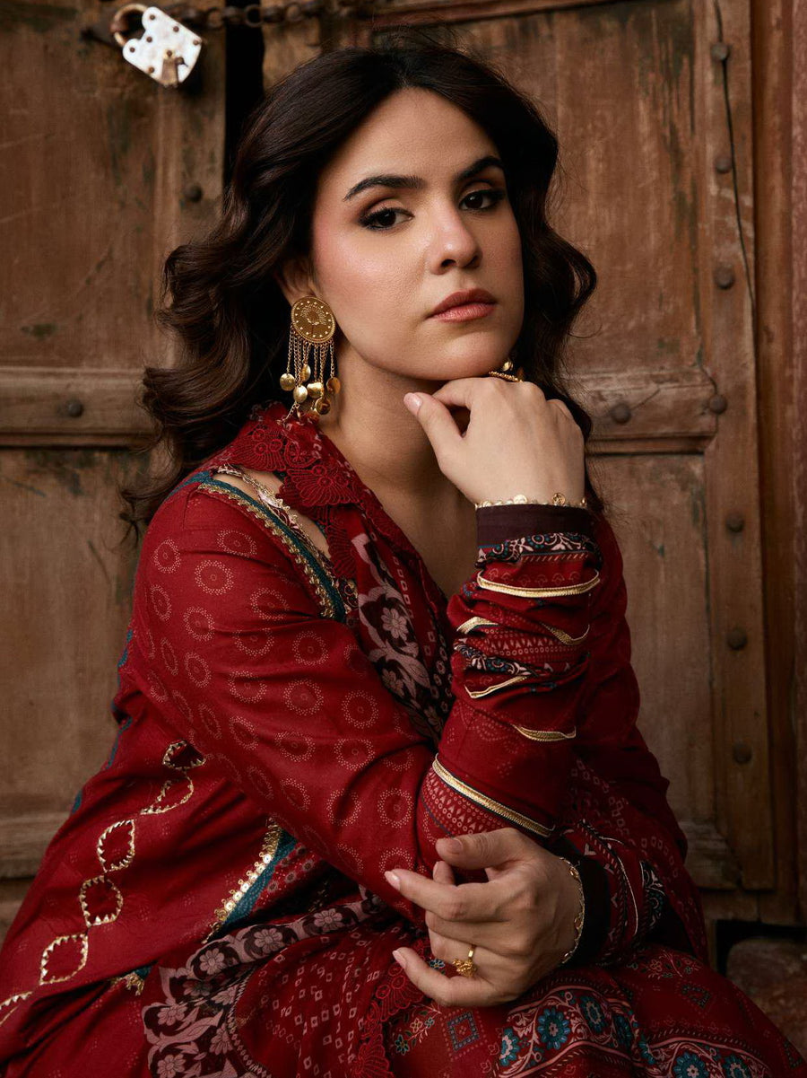 KAHF Aangan Embroidered Luxury Lawn Unstitched 3Pc Suit KPS-1A SURKH NOOR
