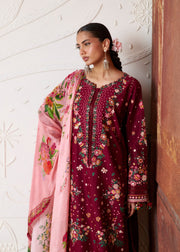 Hussain Rehar ZAN Unstitched Embroidered Lawn 3Pc Suit - Kestane