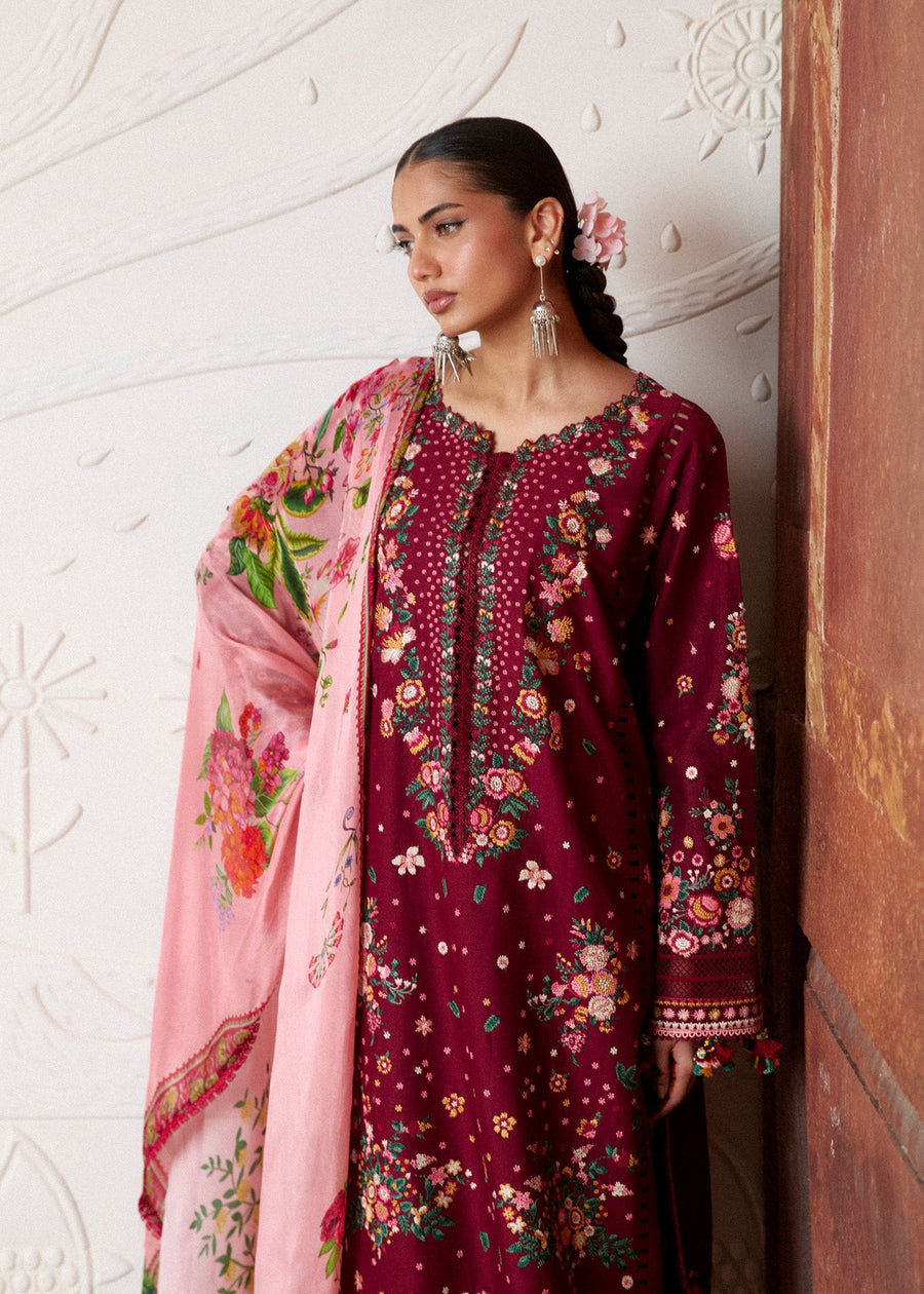 Hussain Rehar ZAN Unstitched Embroidered Lawn 3Pc Suit - Kestane