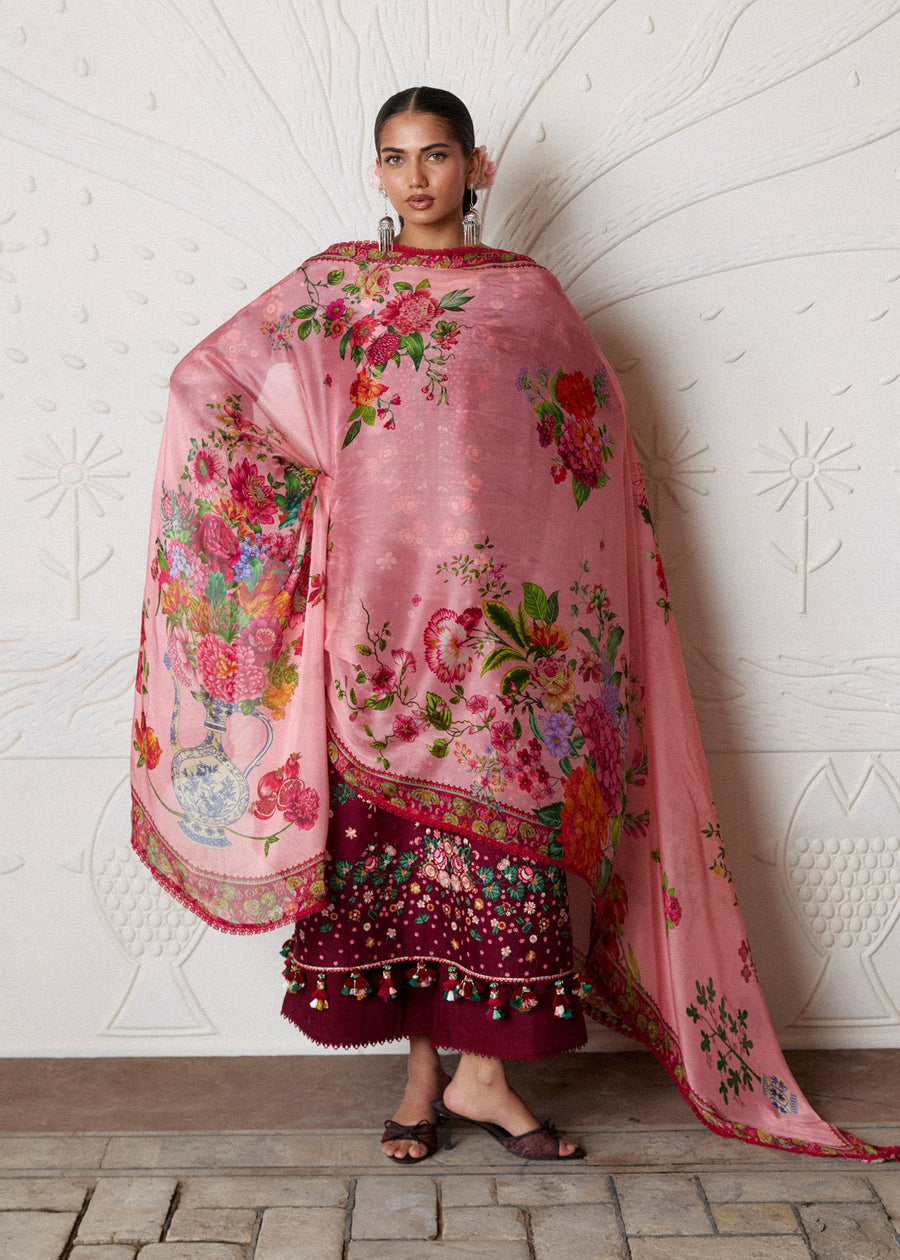 Hussain Rehar ZAN Unstitched Embroidered Lawn 3Pc Suit - Kestane