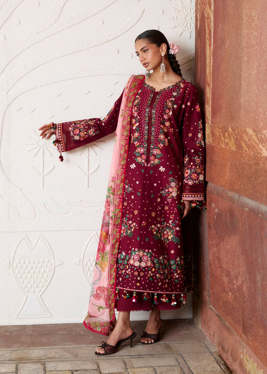 Hussain Rehar ZAN Unstitched Embroidered Lawn 3Pc Suit - Kestane