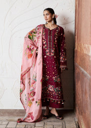 Hussain Rehar ZAN Unstitched Embroidered Lawn 3Pc Suit - Kestane