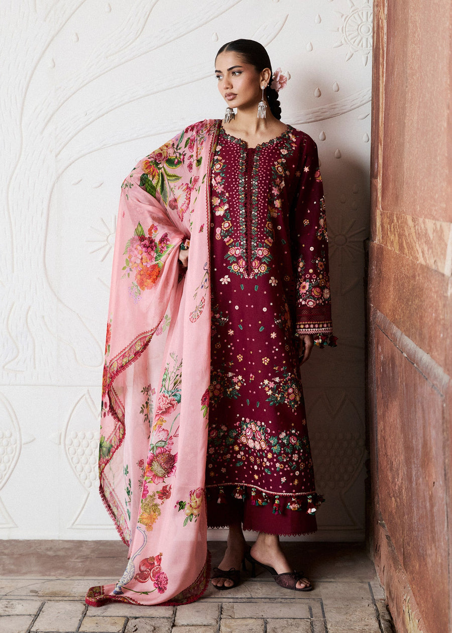 Hussain Rehar ZAN Unstitched Embroidered Lawn 3Pc Suit - Kestane
