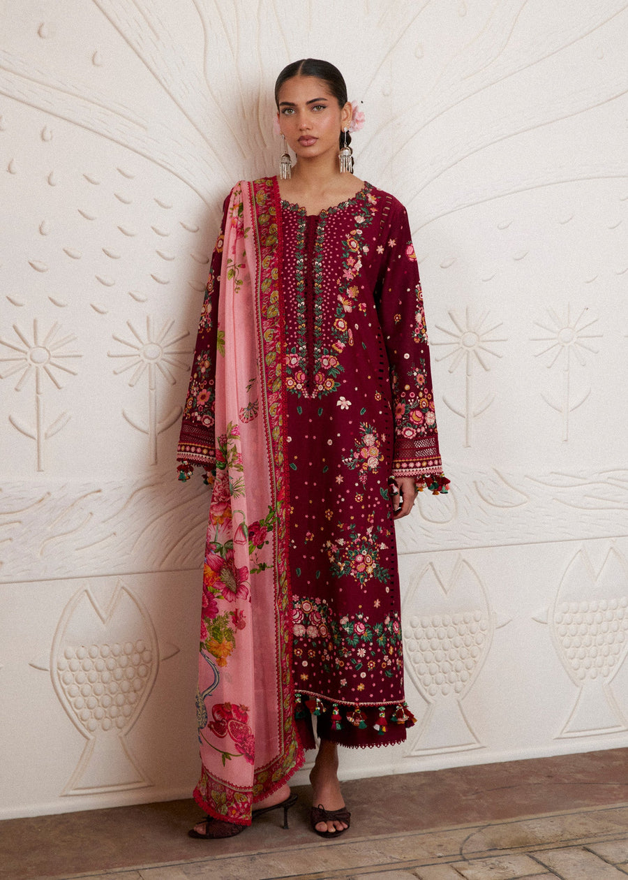 Hussain Rehar ZAN Unstitched Embroidered Lawn 3Pc Suit - Kestane