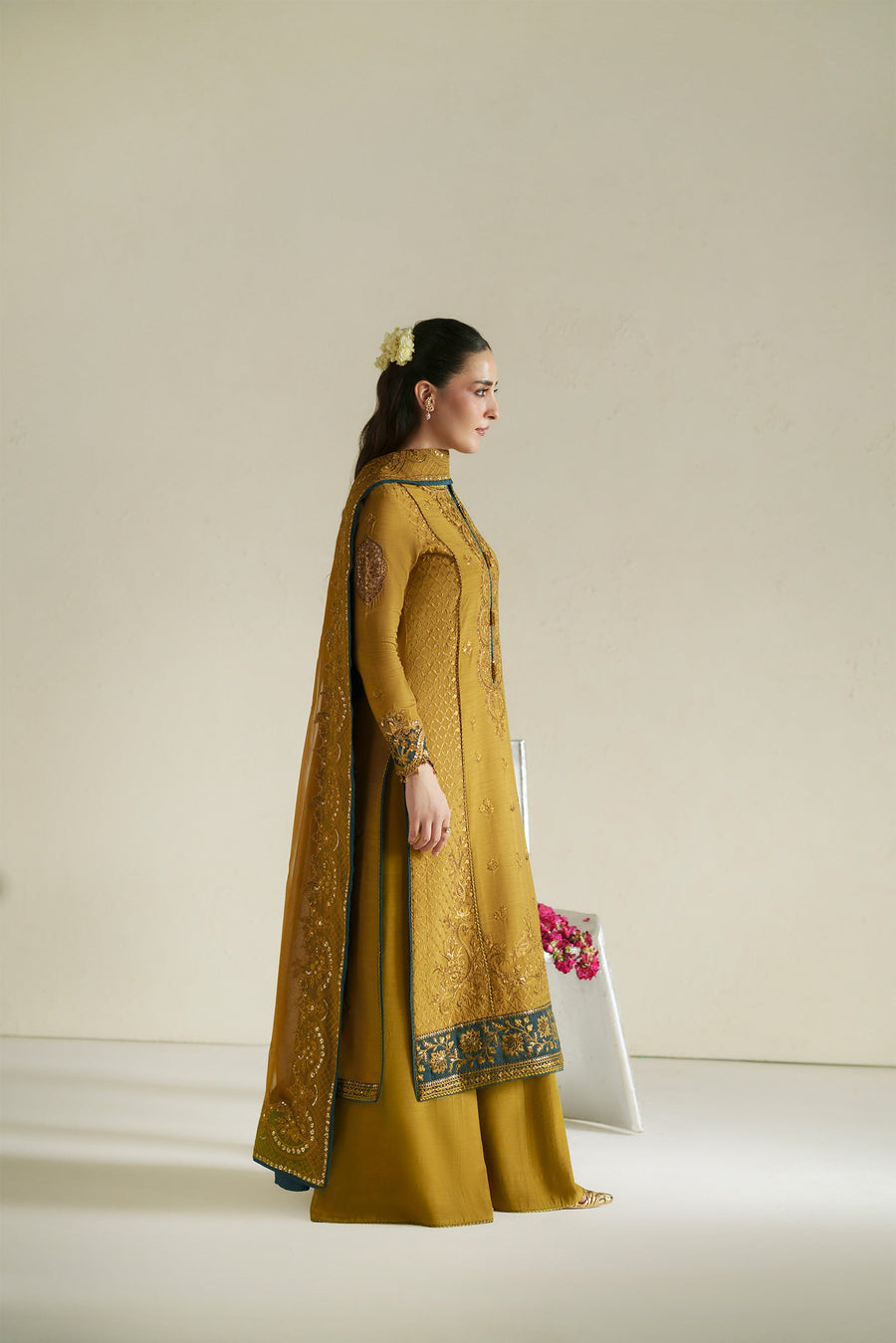 VERA Embroidered Raw Silk Unstitched 3Pc Suit - Kundan Antique Gold
