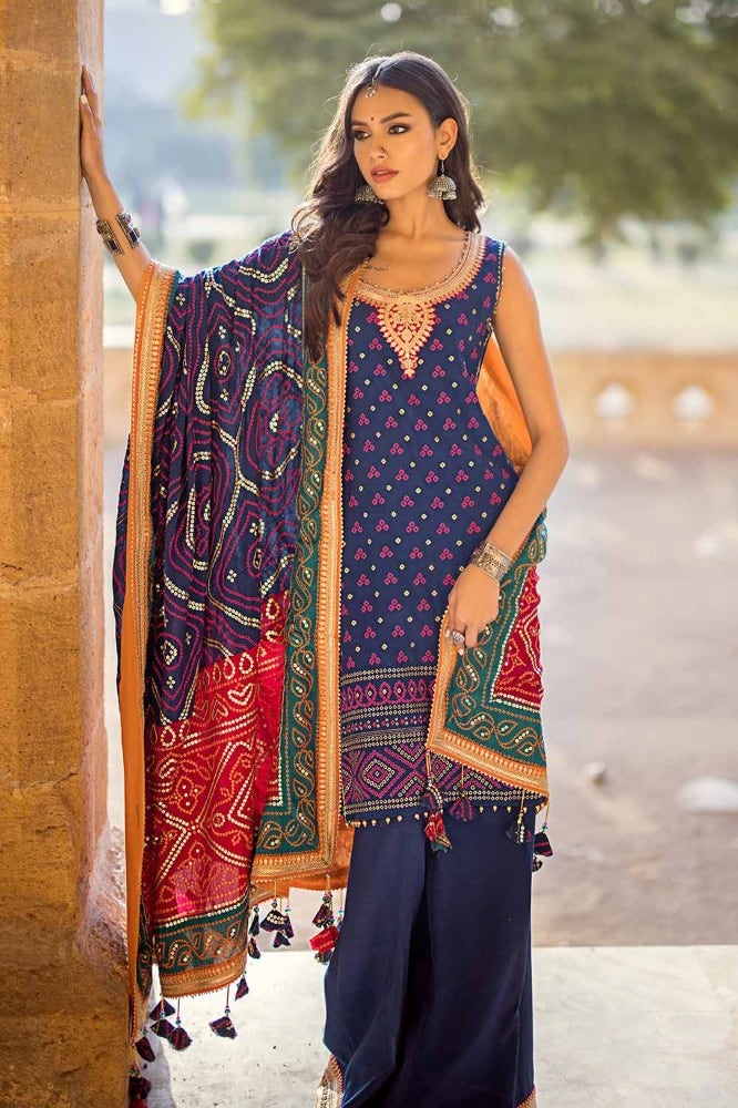Gul Ahmed Chunri Embroidered Raw Silk Unstitched 3Pc Suit LE-42034