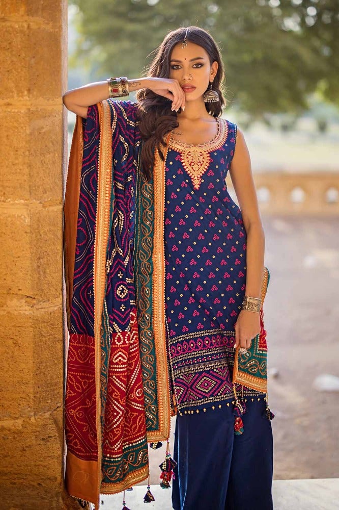 Gul Ahmed Chunri Embroidered Raw Silk Unstitched 3Pc Suit LE-42034