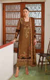 Woman wearing a brown embroidered traditional outfit in a room with decorative glass doors.