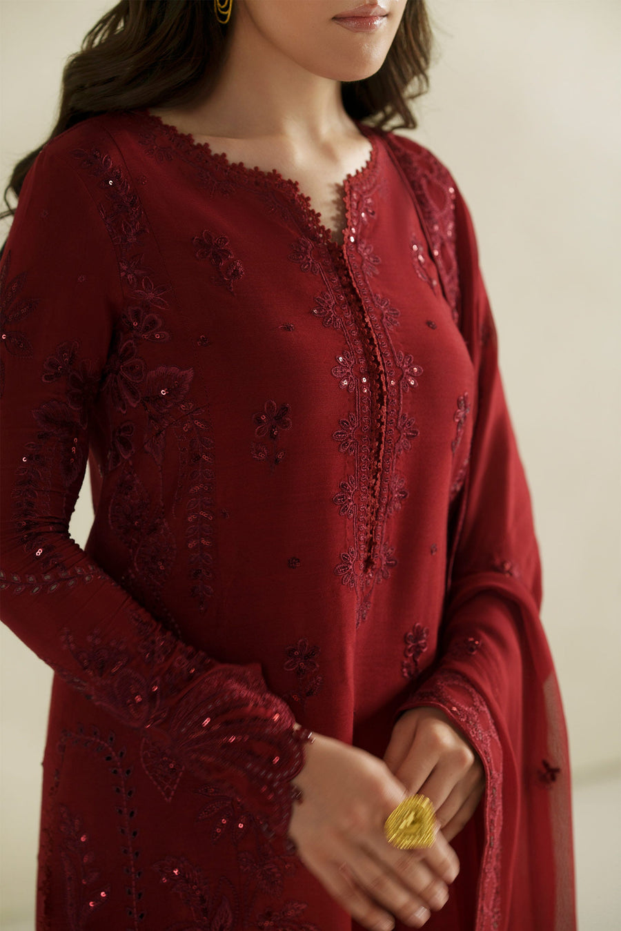 VERA Embroidered Raw Silk Unstitched 3Pc Suit - Laal Crimson