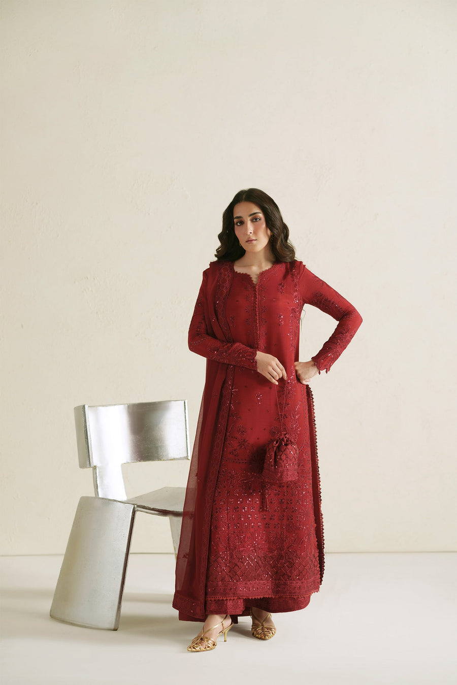 VERA Embroidered Raw Silk Unstitched 3Pc Suit - Laal Crimson