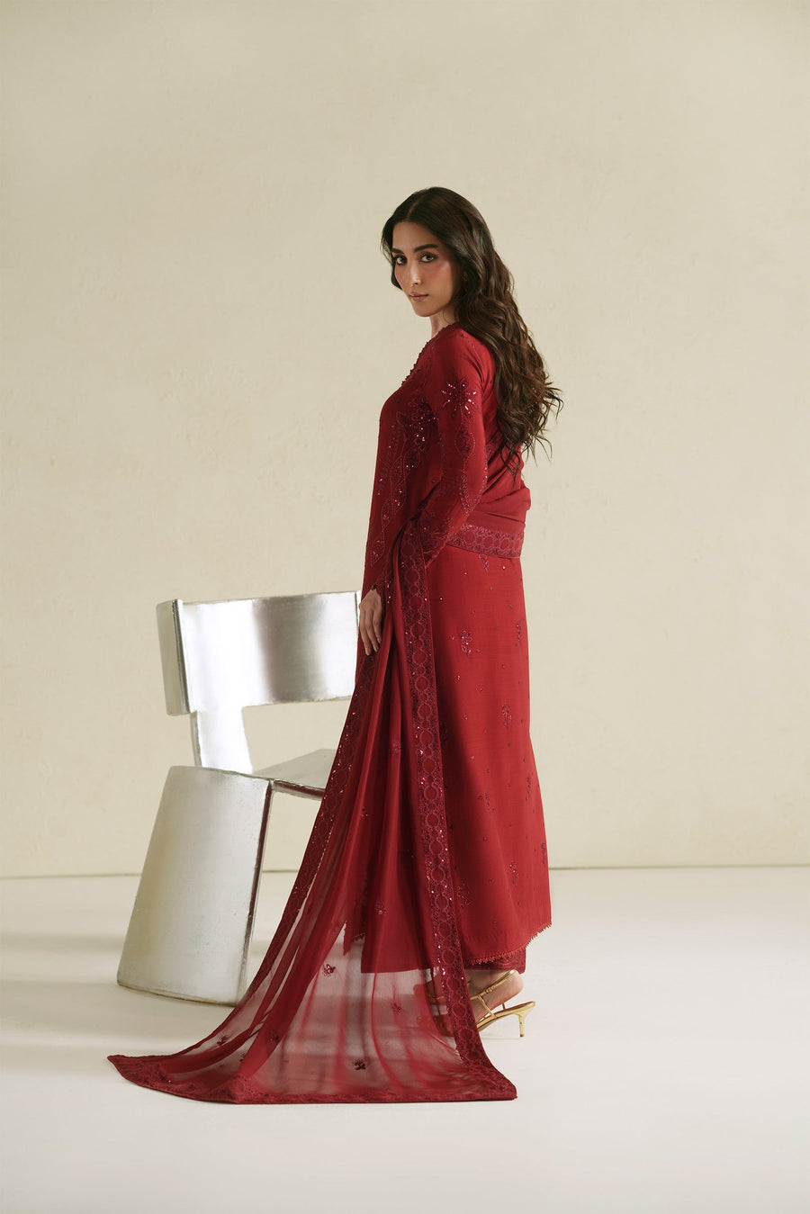 VERA Embroidered Raw Silk Unstitched 3Pc Suit - Laal Crimson
