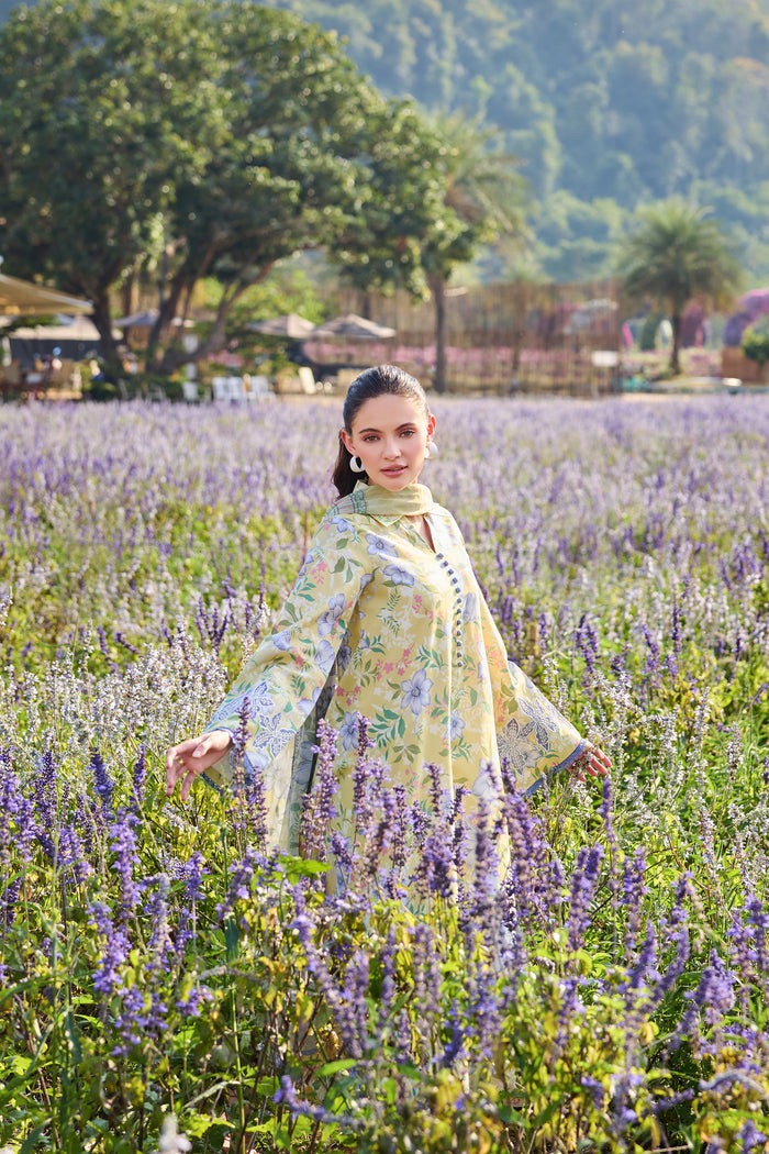 Farasha Summer Escape Embroidered Lawn Unstitched 3Pc Suit - Lemon Fern