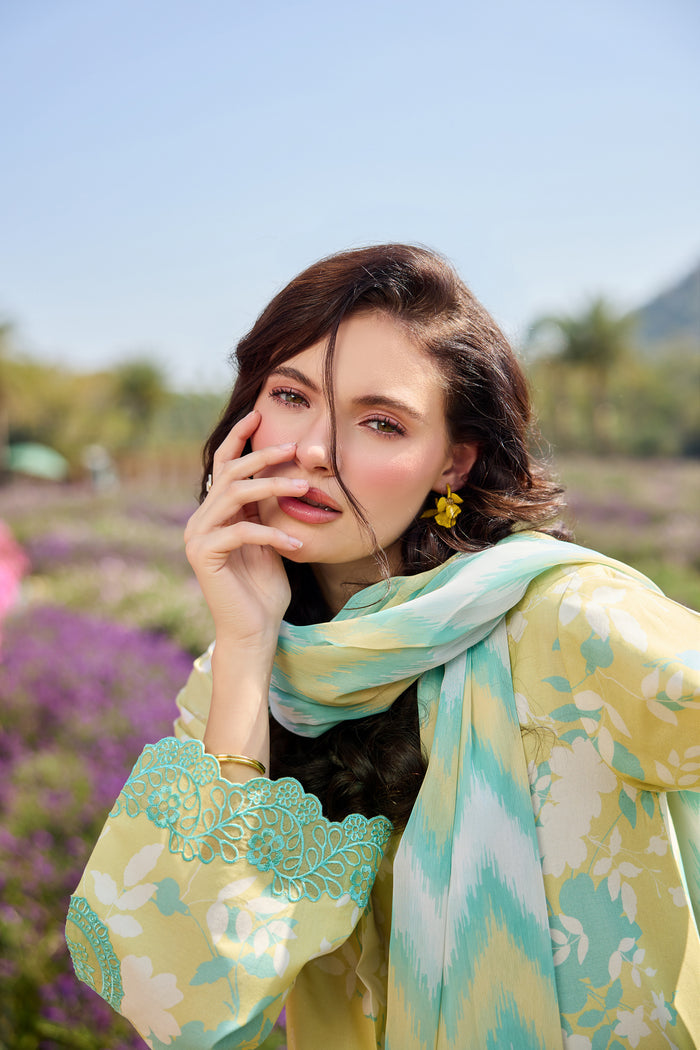 Farasha Summer Escape Embroidered Lawn Unstitched 3Pc Suit - Lemon Glow