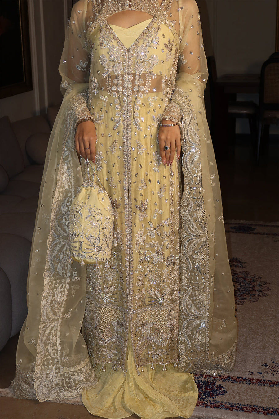 Emaan Adeel Starlit Jewels Unstitched Organza 3Pc Suit - Lemon Quartz
