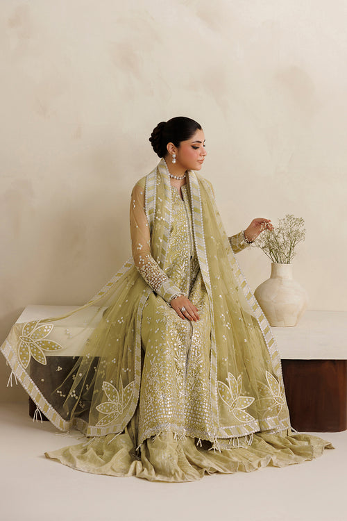 Farasha Luxury Formal Embroidered Net Unstitched 3Pc Suit - Lemon Saffron