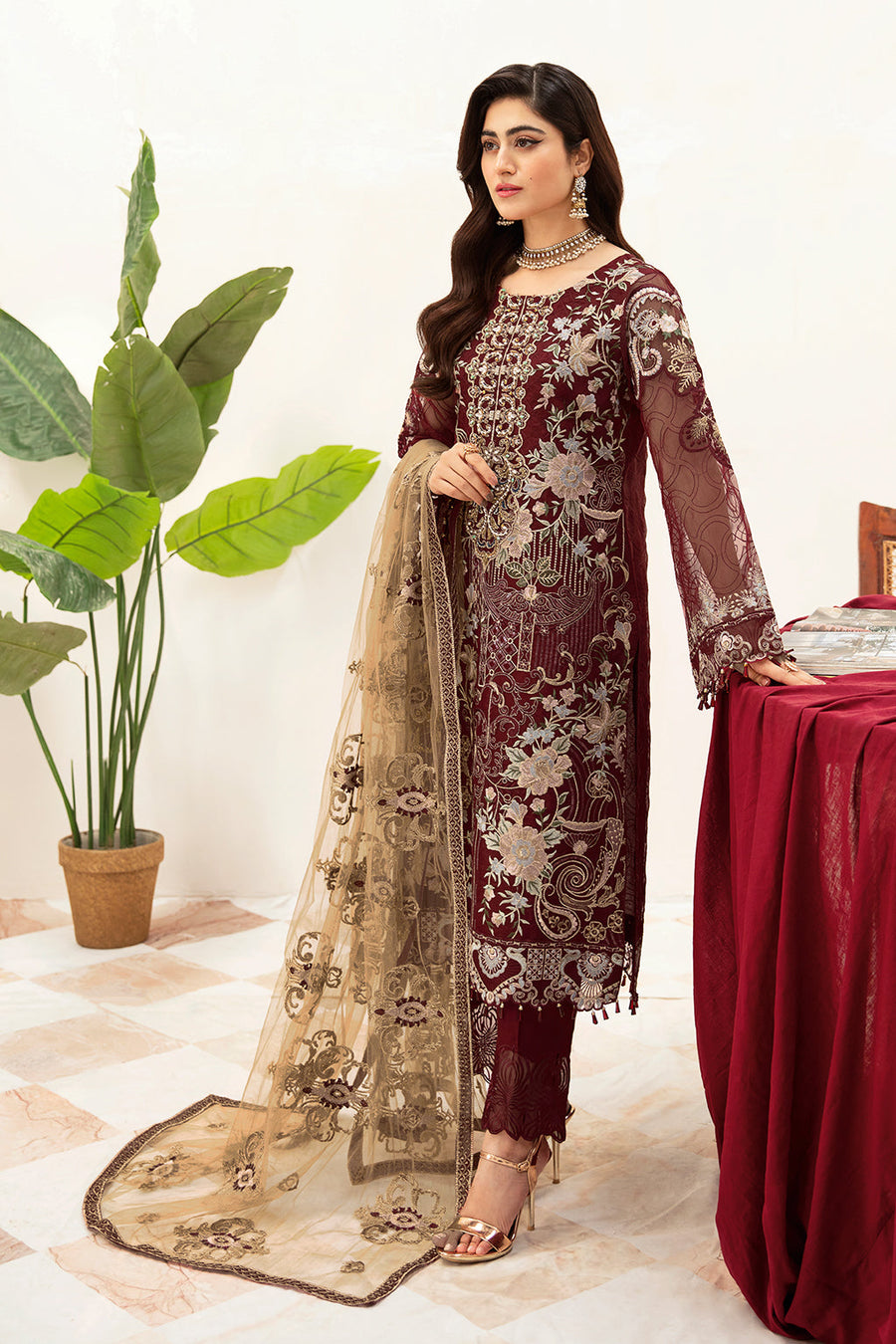 Ramsha Minhal Vol-10 Embroidered Organza Unstitched 3Pc Suit M-1003