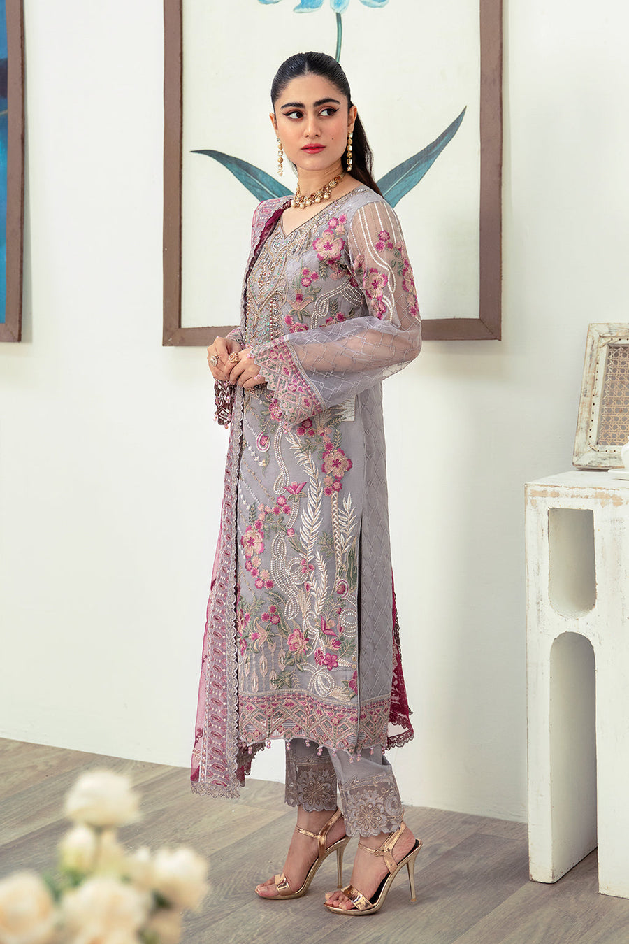 Ramsha Minhal Vol-10 Embroidered Organza Unstitched 3Pc Suit M-1008
