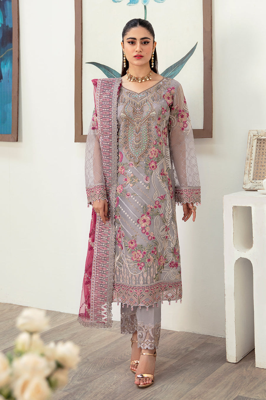 Ramsha Minhal Vol-10 Embroidered Organza Unstitched 3Pc Suit M-1008