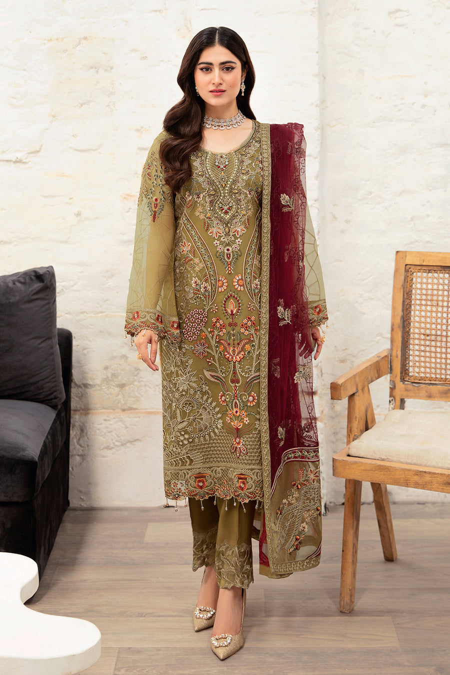 Ramsha Minhal Vol-10 Embroidered Organza Unstitched 3Pc Suit M-1010