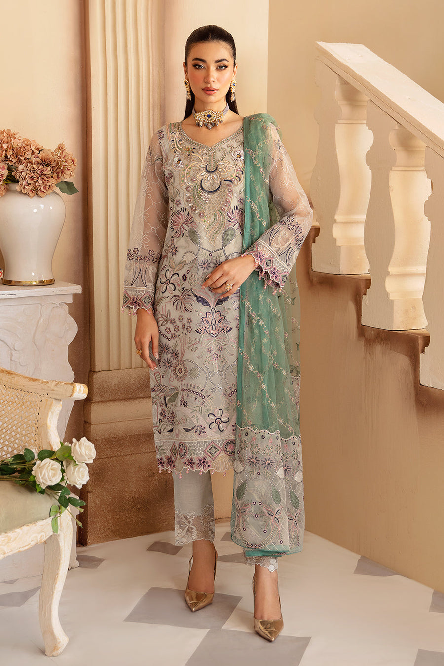 Ramsha Minhal Vol-12 Embroidered Organza Unstitched 3Pc Suit M-1202