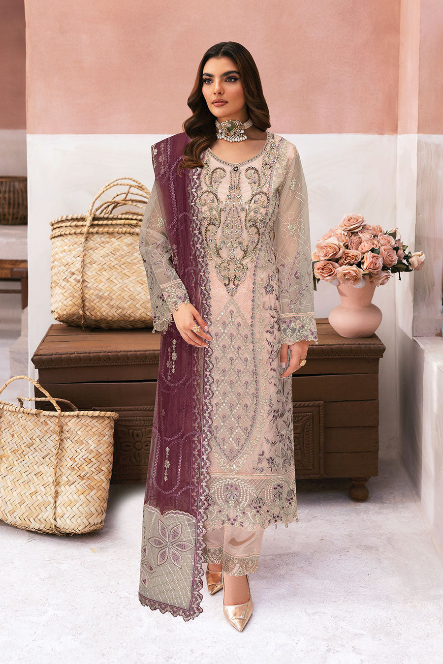 Ramsha Minhal Vol-13 Embroidered Organza Unstitched 3Pc Suit M-1301