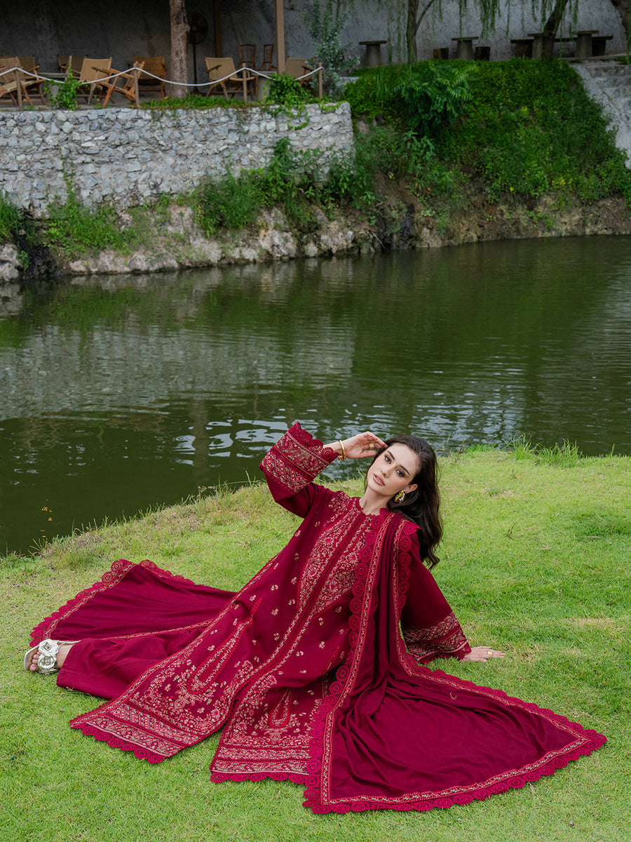 Faiza Faisal Hoor Embroidered Karandi Unstitched 3Pc Suit - MAHIRA
