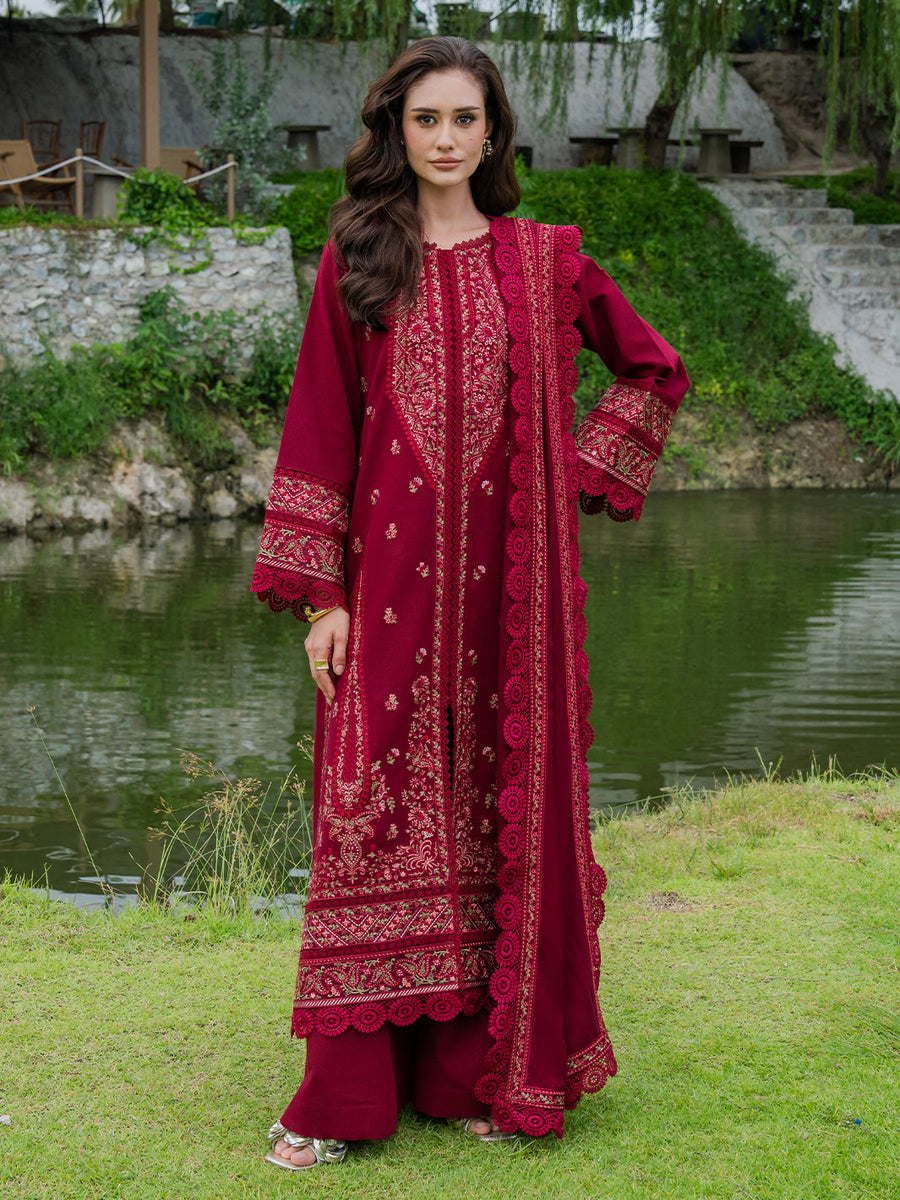 Faiza Faisal Hoor Embroidered Karandi Unstitched 3Pc Suit - MAHIRA