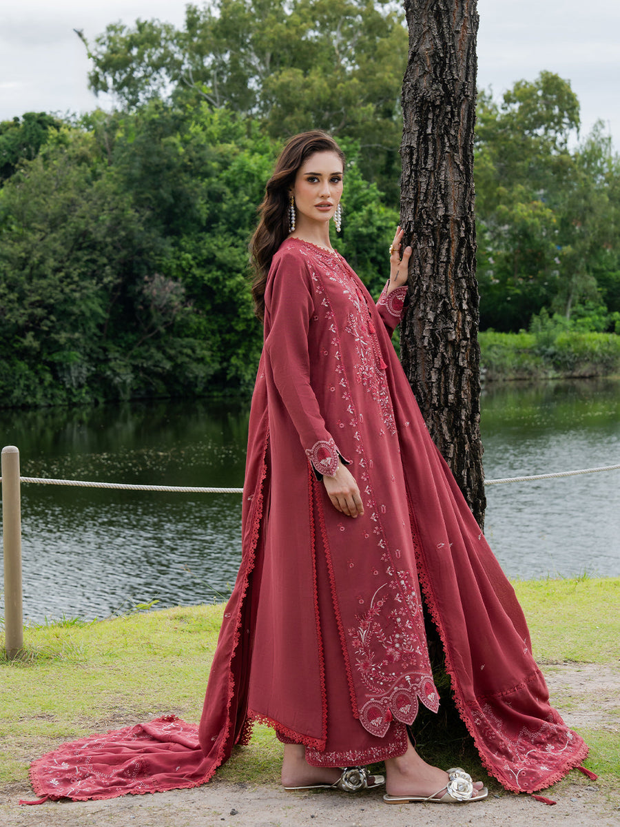 Faiza Faisal Hoor Embroidered Karandi Unstitched 3Pc Suit - MAHROSE