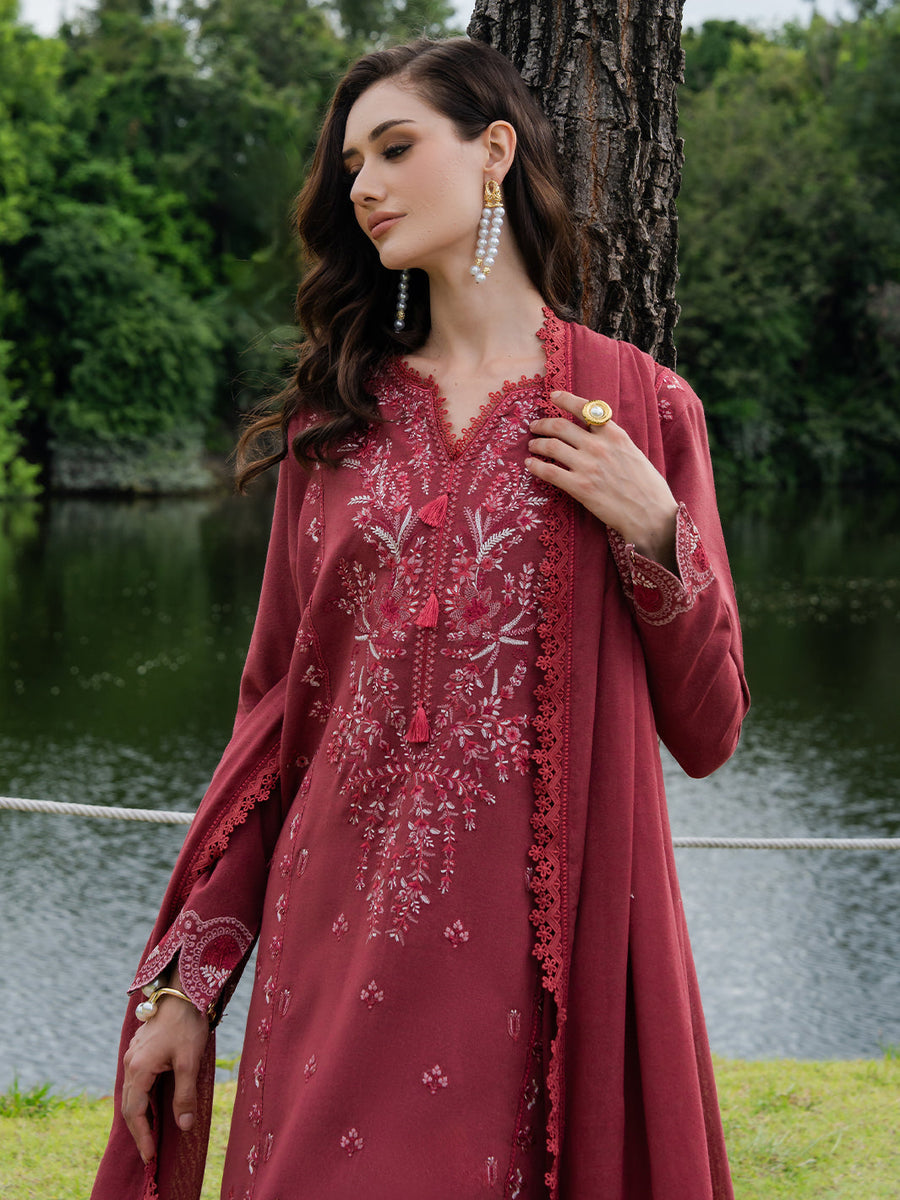 Faiza Faisal Hoor Embroidered Karandi Unstitched 3Pc Suit - MAHROSE