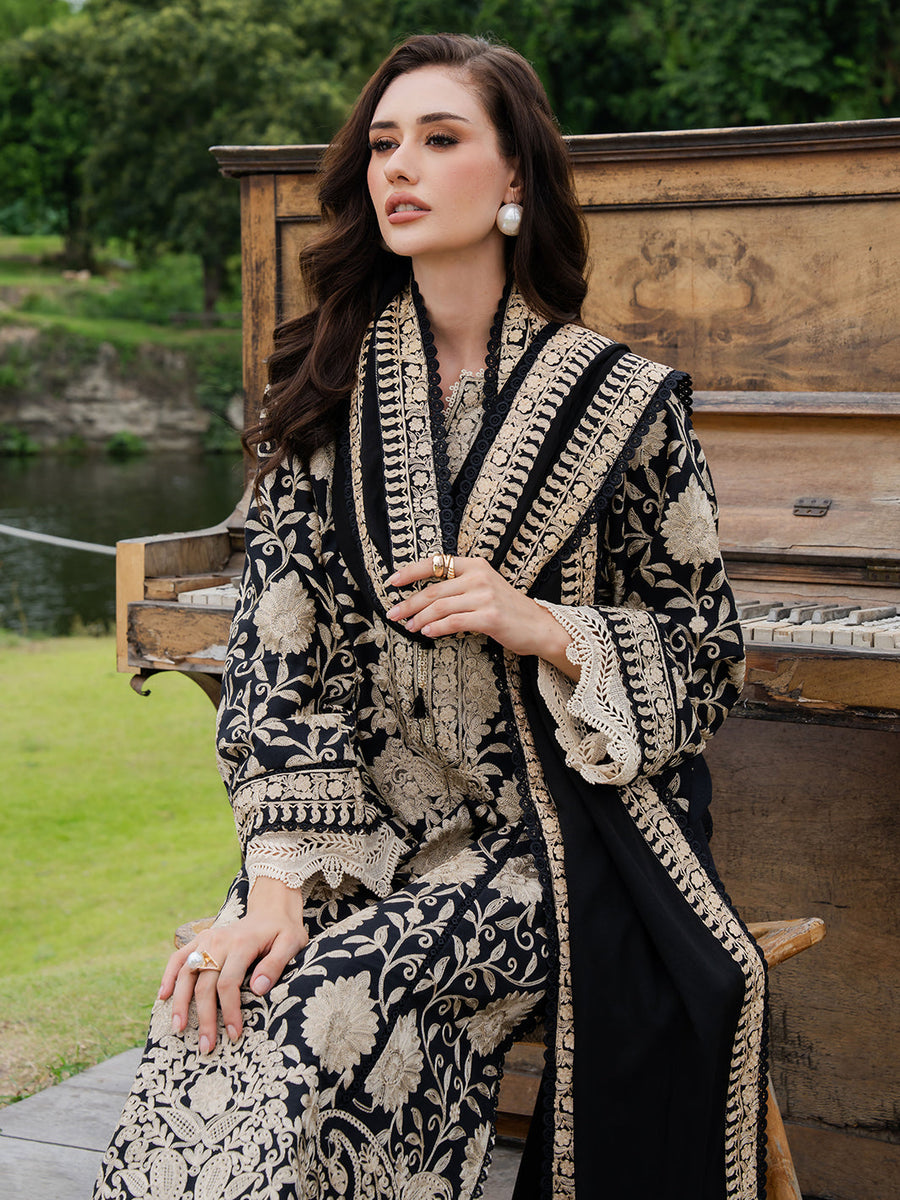Faiza Faisal Hoor Embroidered Karandi Unstitched 3Pc Suit - MAHVEEN