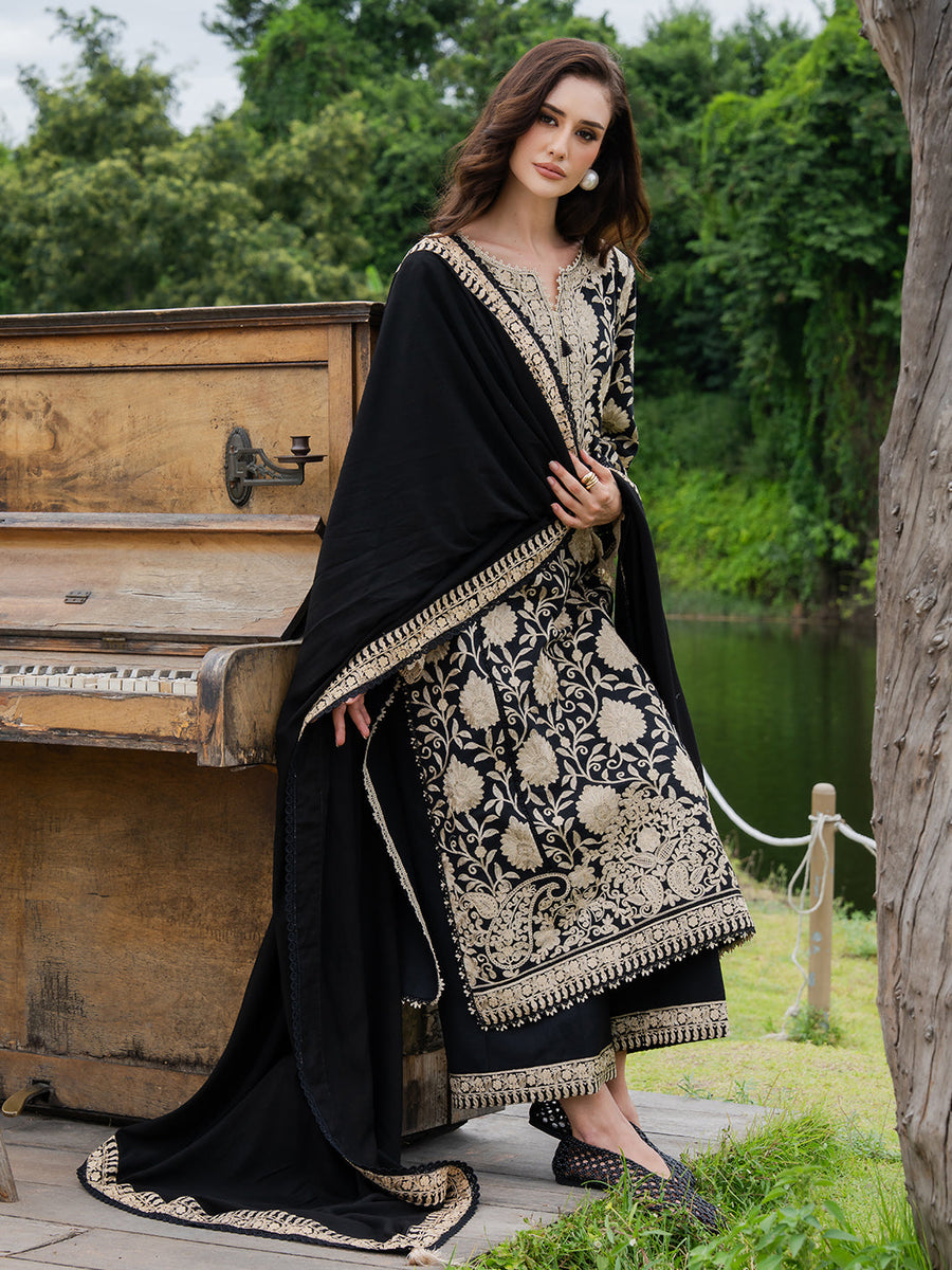 Faiza Faisal Hoor Embroidered Karandi Unstitched 3Pc Suit - MAHVEEN