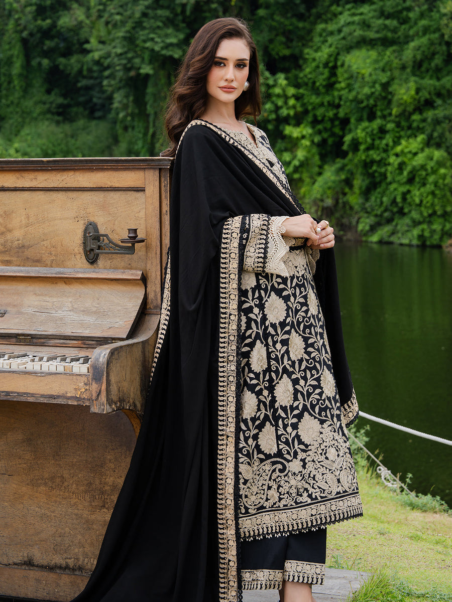 Faiza Faisal Hoor Embroidered Karandi Unstitched 3Pc Suit - MAHVEEN