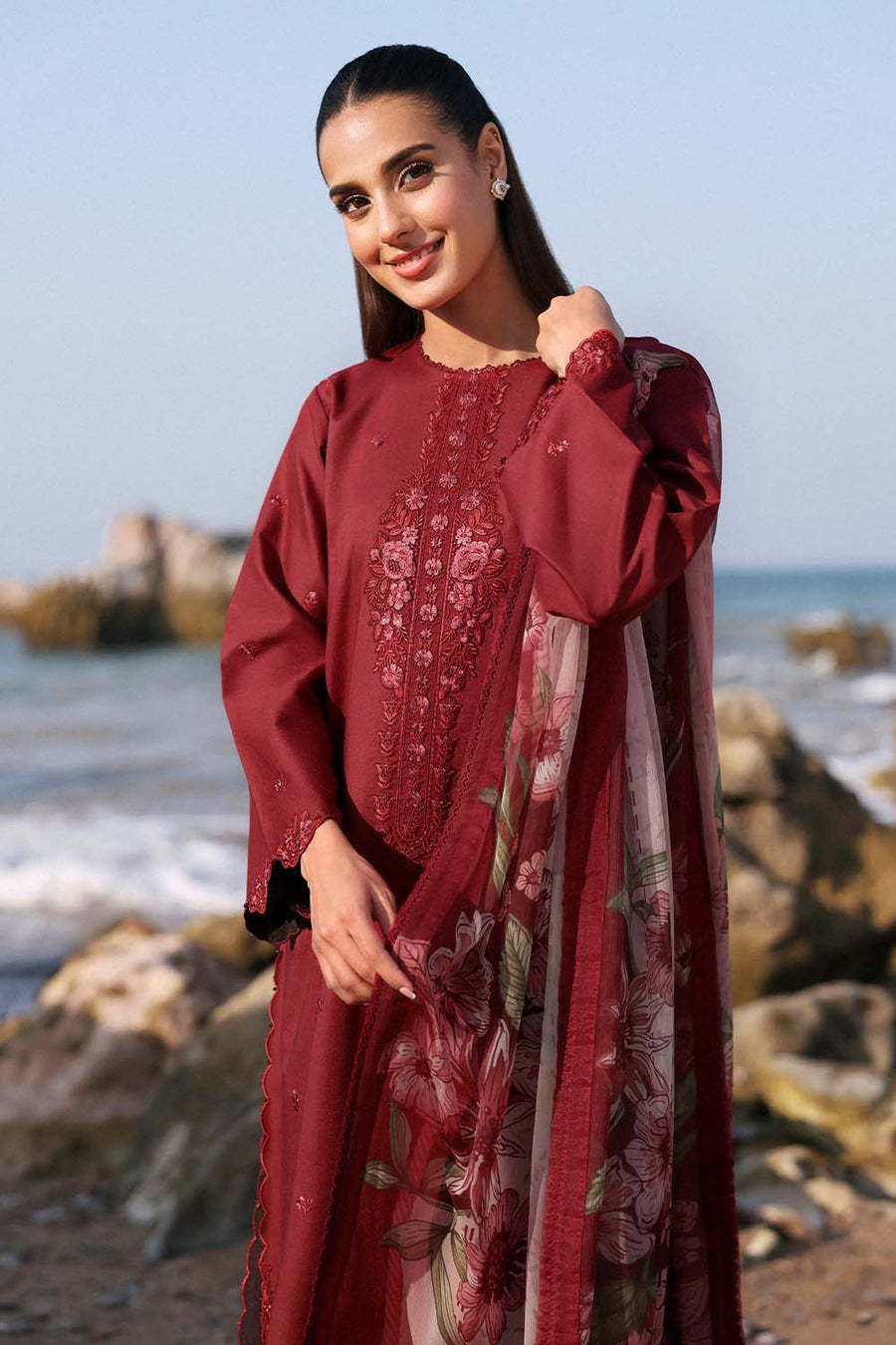 Seran Afsanah Embroidered Lawn Unstitched 3Pc Suit D-02 MEHRU