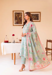 Faiza Faisal FNF Prints Unstitched Lawn 3Pc Suit - MINT DAISY