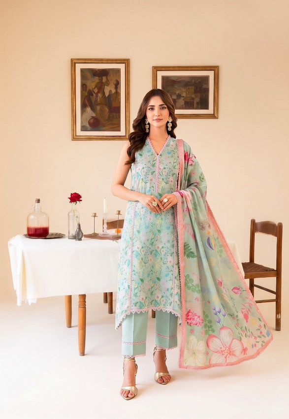 Faiza Faisal FNF Prints Unstitched Lawn 3Pc Suit - MINT DAISY