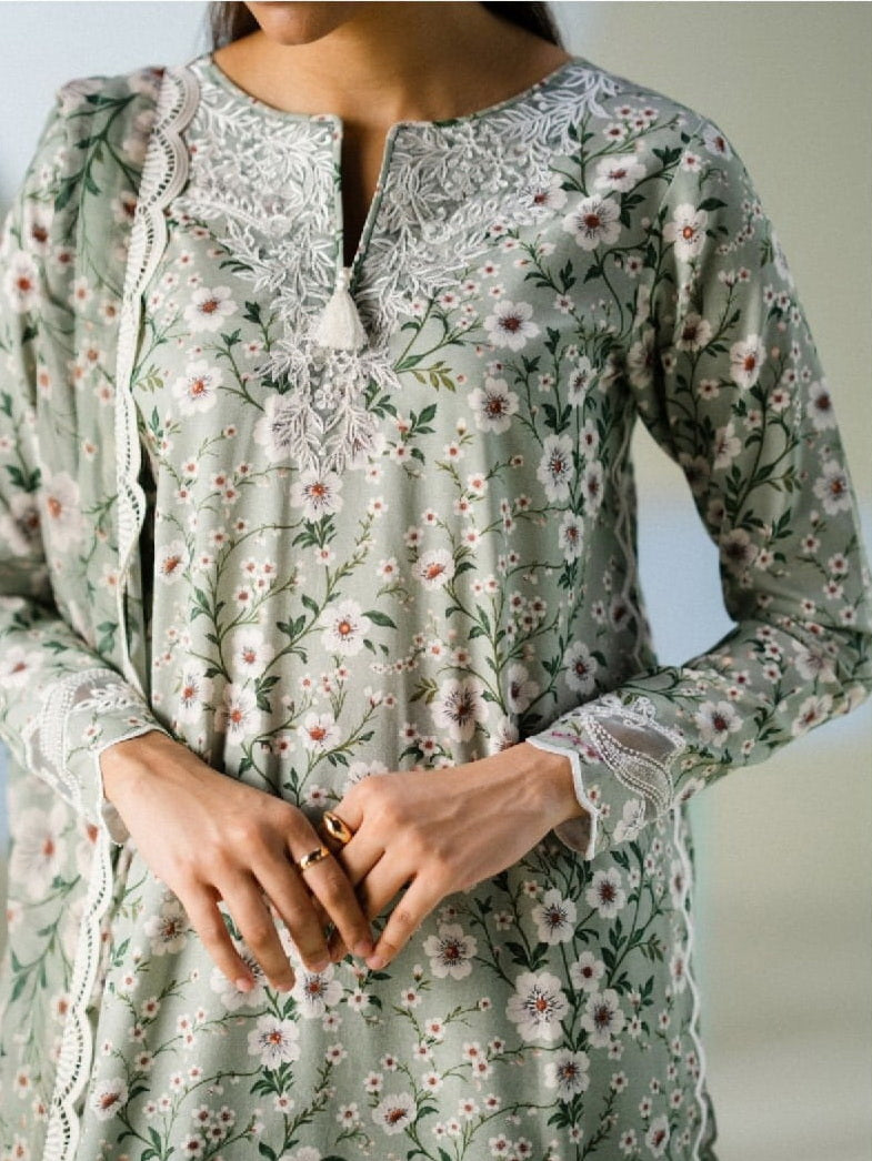 Faiza Faisal FNF Prints Unstitched Embroidered Lawn 3Pc Suit - MINT MUSE