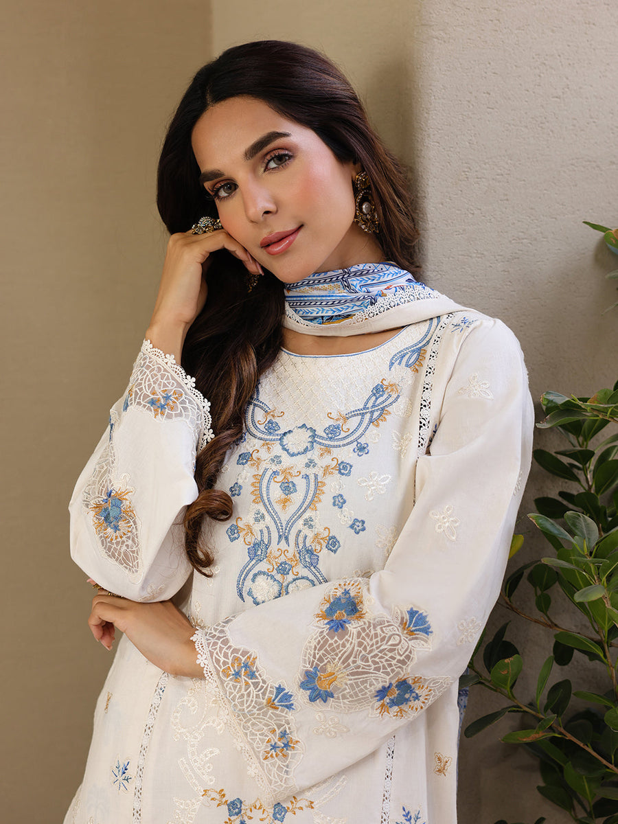 Faiza Faisal Marine Embroidered Luxury Lawn Unstitched 3Pc Suit - MIRHA