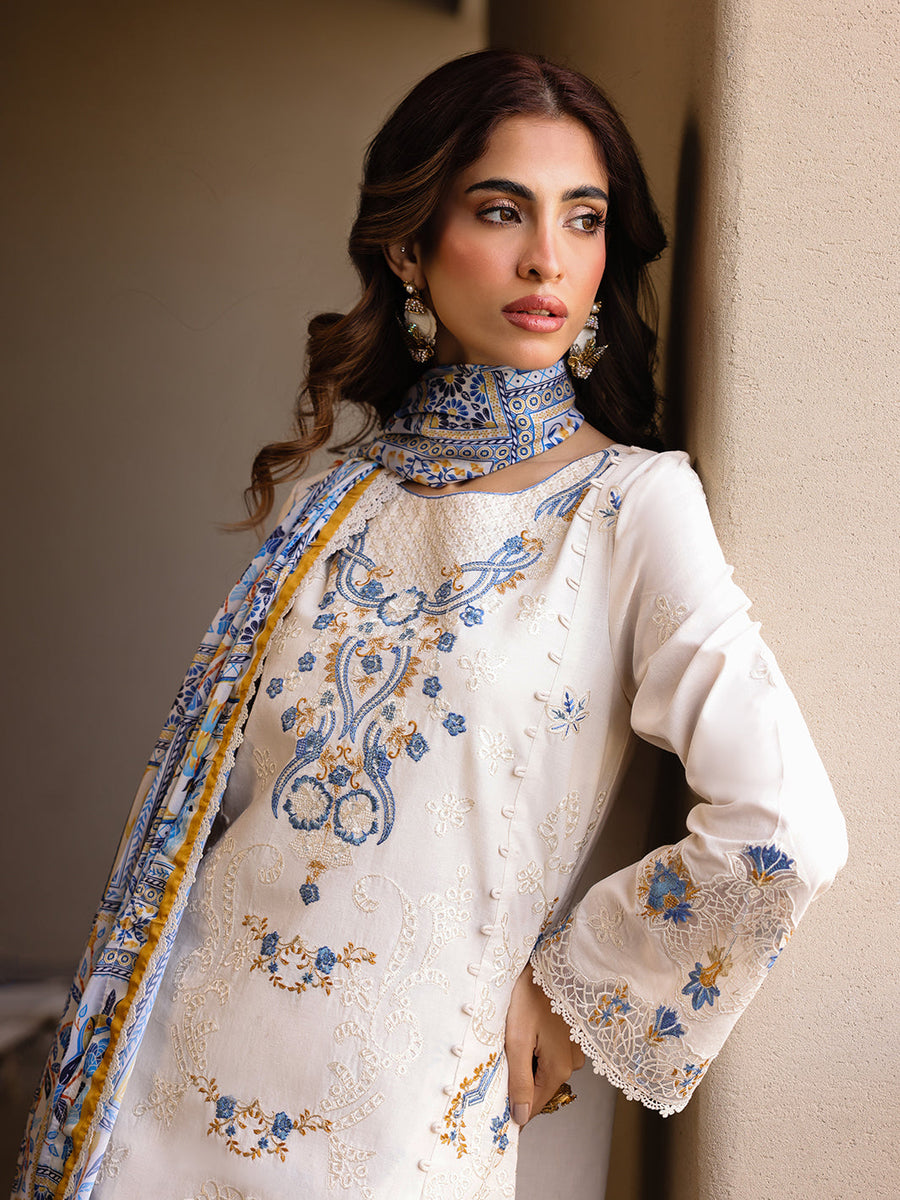 Faiza Faisal Marine Embroidered Luxury Lawn Unstitched 3Pc Suit - MIRHA