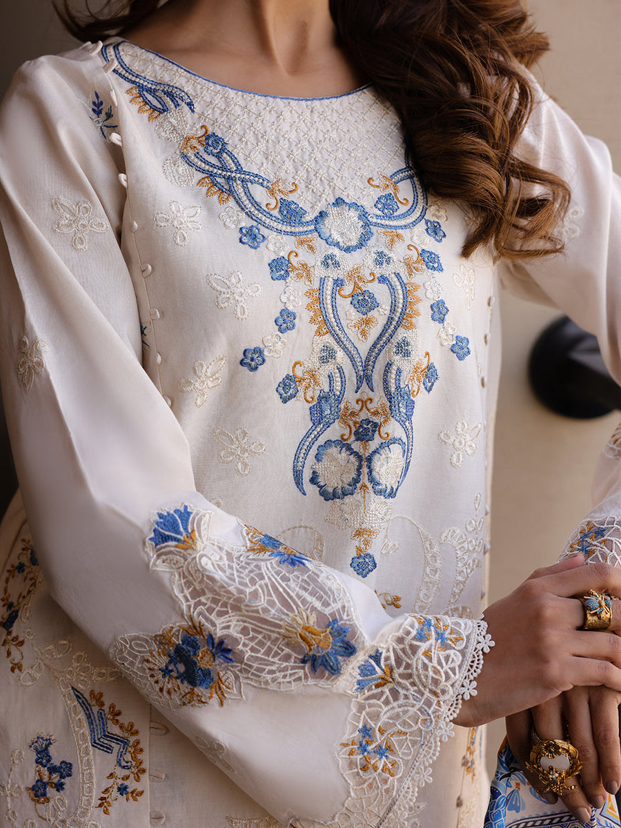 Faiza Faisal Marine Embroidered Luxury Lawn Unstitched 3Pc Suit - MIRHA