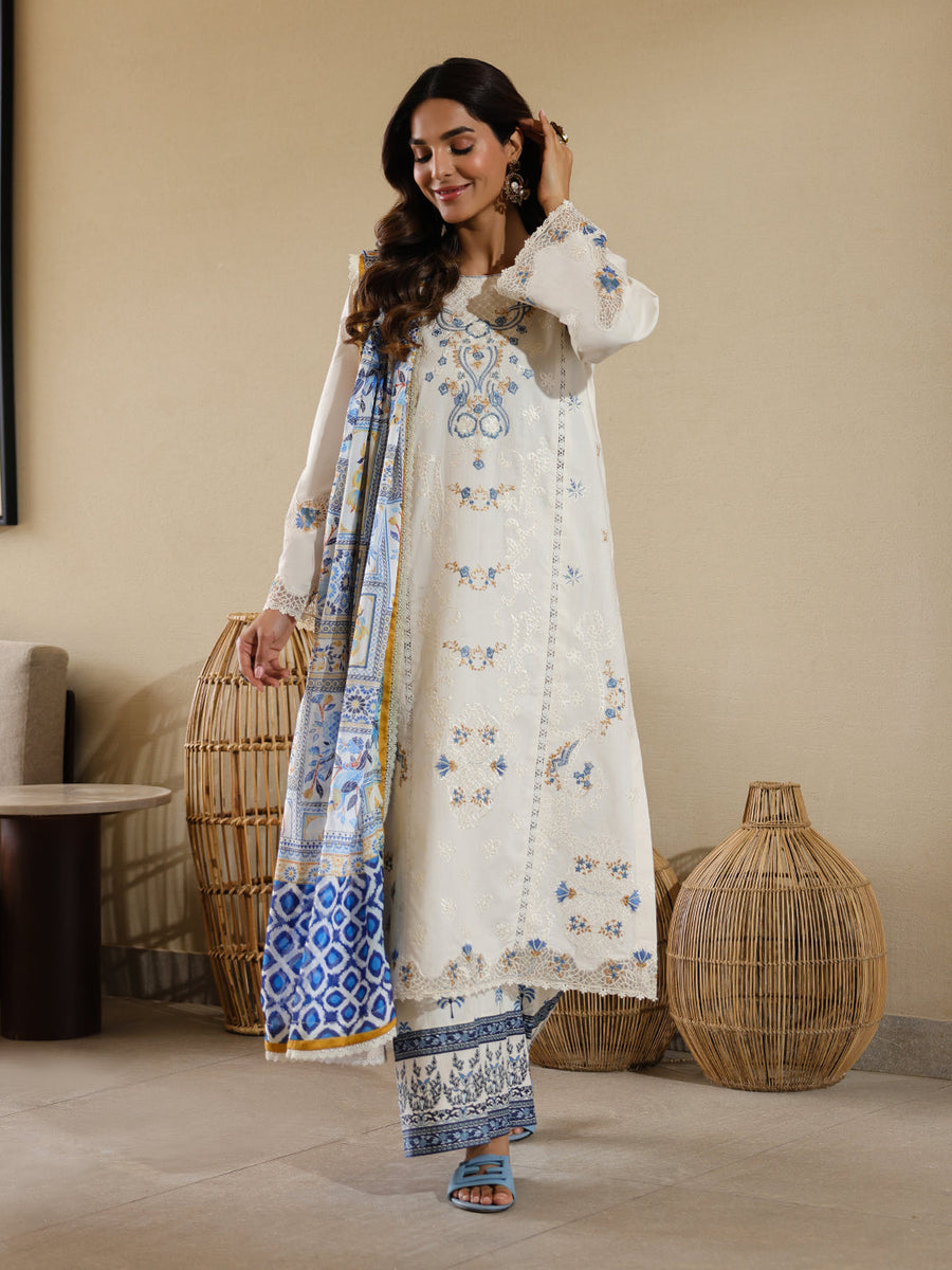 Faiza Faisal Marine Embroidered Luxury Lawn Unstitched 3Pc Suit - MIRHA