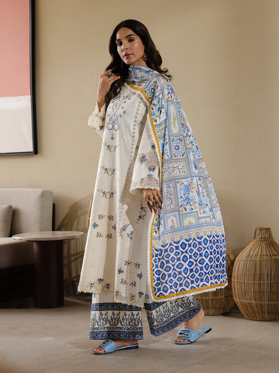 Faiza Faisal Marine Embroidered Luxury Lawn Unstitched 3Pc Suit - MIRHA