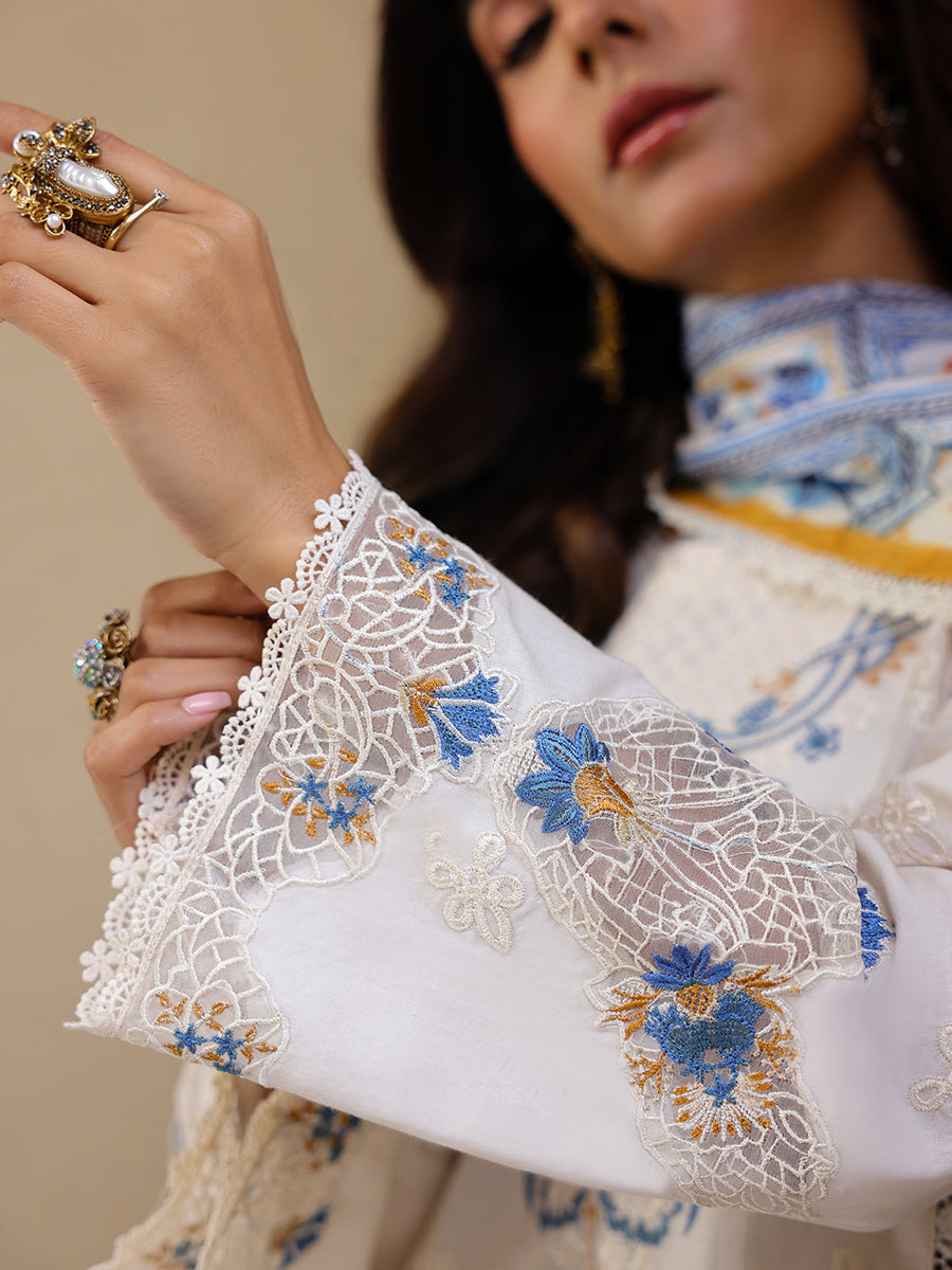 Faiza Faisal Marine Embroidered Luxury Lawn Unstitched 3Pc Suit - MIRHA