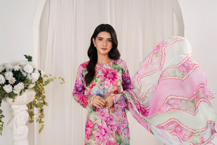 Feathers Frilly Flowers Unstitched Digital Printed Lawn 3Pc Suit MIRZELLA-FT708