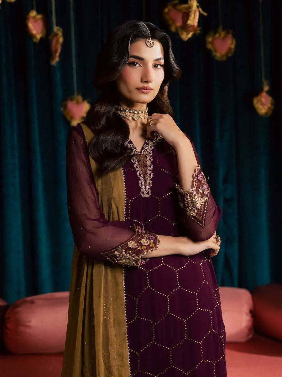 Nureh Mukeshkari Embroidered Mukesh Chiffon Unstitched 3Pc Suit MK-21